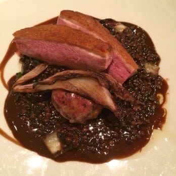 Marea - Duck breast, duck sausage, lentils, and foie gras jus - Italian Near Me - New York, New York Marea - Duck breast, duck sausage, lentils, and foie gras jus - Italian Near Me - New York, New York