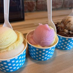 Joeys Italian Ices - Left to right: 1/2 Pineapple orange 1/2 peach, 1/2 watermelon 1/2 orange creamsicle, 1/2 chocolate 1/2 cookies and cream.