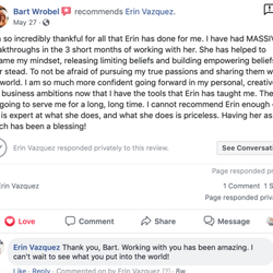 Erin Vazquez Success Coaching - Facebook review from another happy client.