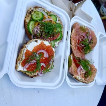 Courage Bagels - Hand sliced smoked salmon (right two), wild Alaskan salmon roe (left bottom), run it through the garden, (left top) - Bagels Near Me - Los Angeles, California Courage Bagels - Hand sliced smoked salmon (right two), wild Alaskan salmon roe (left bottom), run it through the garden, (left top) - Bagels Near Me - Los Angeles, California