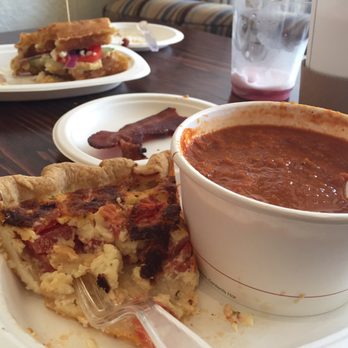Passion Pie Cafe - Tomato Asiago quiche, roasted tomato soup, Mediterranean waffle sandwich with hummus, tomato, olives and feta. - Cafes Near Me - Truth or Consequences, New Mexico