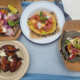 Ensenada Taco, Fried Sweet Plantains Tuna Tosada, and Sweet Potato Taco. Ensenada Taco, Fried Sweet Plantains Tuna Tosada, and Sweet Potato Taco.