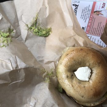 Bruegger's Bagels - Rosemary Olive oil bagel with pork sausage, avocado  and chive cream cheese. - Bagels Near Me - Sewickley, Pennsylvania