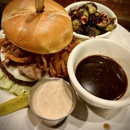 Prime Rib burger with brussel sprouts. Prime Rib burger with brussel sprouts.