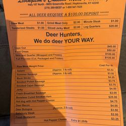 Livingston Custom Meat Processing - Deer Processing Menu