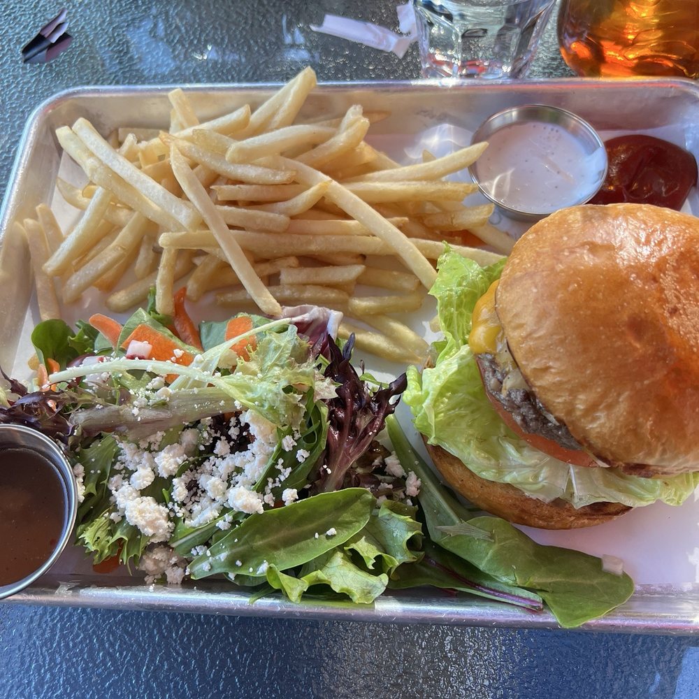Cheeseburger with side salad and fries. Delish! Cheeseburger with side salad and fries. Delish!