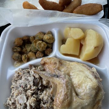 Wilber's Barbecue - Combo plate BBQ chicken, bbq pork, boiled potatoes, okra, hush puppies - Barbeque Near Me - Goldsboro, North Carolina Wilber's Barbecue - Combo plate BBQ chicken, bbq pork, boiled potatoes, okra, hush puppies - Barbeque Near Me - Goldsboro, North Carolina