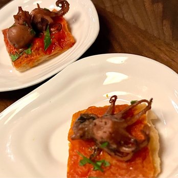 Partage - Amuse Bouche: tomatoe puff pastry toast with octopus - French Near Me - Las Vegas, Nevada Partage - Amuse Bouche: tomatoe puff pastry toast with octopus - French Near Me - Las Vegas, Nevada