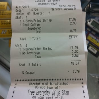 Denny's - Charged for something we didn't even get to eat!! $17.99 for the T-bone steak... $12.99 for the sirloin that's a $5 difference. - American Near Me - Kapolei, Hawaii
