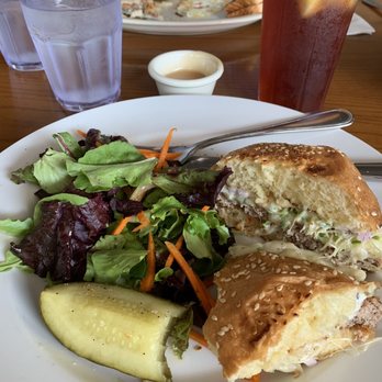 Boulevard Cafe - Country Fried Steak in the back almost cleaned off. My delicious Homemade Turkey Burger with a green salad with dressing on the side. Yum! - New American Near Me - Daly City, California