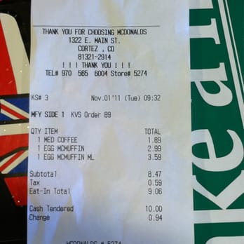 McDonald's - Egg mcmuffin meal $3.59...charged separate Coffee from meal??? - Burgers Near Me - Cortez, Colorado McDonald's - Egg mcmuffin meal $3.59...charged separate Coffee from meal??? - Burgers Near Me - Cortez, Colorado