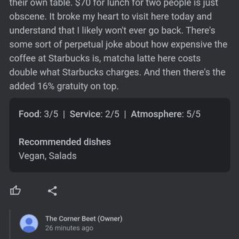 The Corner Beet - The response from the owner. Now I feel insulted and taken advantage of - Juice Bars & Smoothies Near Me - Denver, Colorado The Corner Beet - The response from the owner. Now I feel insulted and taken advantage of - Juice Bars & Smoothies Near Me - Denver, Colorado