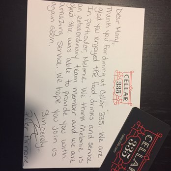 Cellar 335 - The thank you note that I got from the manager! So kind! - Cocktail Bars Near Me - Jersey City, New Jersey
