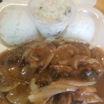 Da Hale - Hamburger Steak- yes with all those trimmings, rice, and mac salad - Poke Near Me - Las Vegas, Nevada Da Hale - Hamburger Steak- yes with all those trimmings, rice, and mac salad - Poke Near Me - Las Vegas, Nevada