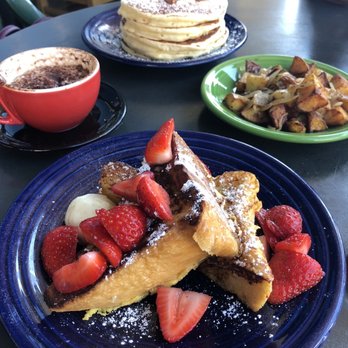 Cafe Borrone - Half order French toast, side potatoes, banana pancakes and cappuccino-SF - Breakfast & Brunch Near Me - Menlo Park, California Cafe Borrone - Half order French toast, side potatoes, banana pancakes and cappuccino-SF - Breakfast & Brunch Near Me - Menlo Park, California