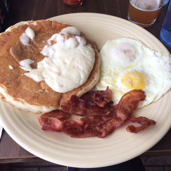 Mama Lor's Cafe - The 1-2-3 plate: cinnamon bun pancake, two eggs, three slices of bacon - Cafes Near Me - Webster, New York Mama Lor's Cafe - The 1-2-3 plate: cinnamon bun pancake, two eggs, three slices of bacon - Cafes Near Me - Webster, New York