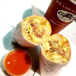 Shake Hands with Sausage & Potato Breakfast Burrito, Coffee, Hot Sauce for Dipping!!