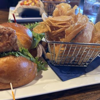 Fenton River Grill - Fried chicken sandwich with homemade potato chips $16 - American Near Me - Mansfield, Connecticut