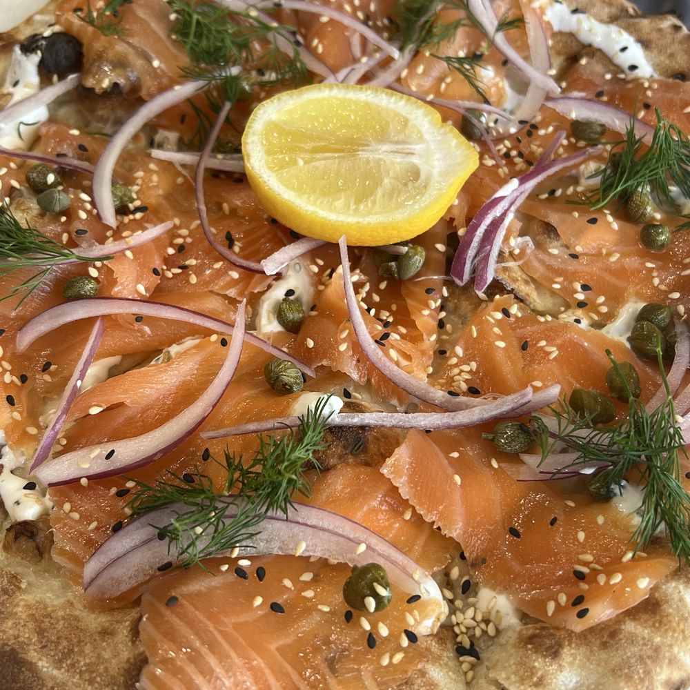 Great White - Smoked Salmon Pizza - New American Near Me - Los Angeles, California Great White - Smoked Salmon Pizza - New American Near Me - Los Angeles, California