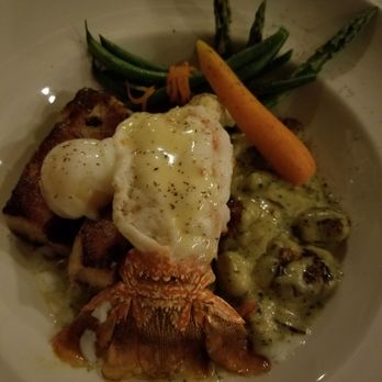 Chefusion - South African Lobster and pork belly with house made ricotta gnocchi, cream, garlic and a 65c egg. - Lounges Near Me - Green Bay, Wisconsin Chefusion - South African Lobster and pork belly with house made ricotta gnocchi, cream, garlic and a 65c egg. - Lounges Near Me - Green Bay, Wisconsin