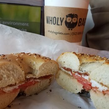 Wholy Bagel - bacon/cheese/tomato and a pinch of egg on an everything bagel. - Bagels Near Me - Austin, Texas Wholy Bagel - bacon/cheese/tomato and a pinch of egg on an everything bagel. - Bagels Near Me - Austin, Texas