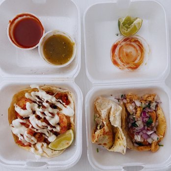 So-Cali Taco Shop - Shrimp taco on the left, chicken street taco and an unfinished quesadilla on the right - Mexican Near Me - Murfreesboro, Tennessee So-Cali Taco Shop - Shrimp taco on the left, chicken street taco and an unfinished quesadilla on the right - Mexican Near Me - Murfreesboro, Tennessee