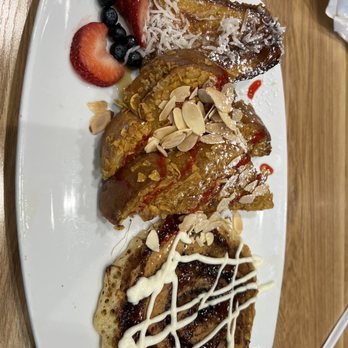 Broken Yolk Cafe - The sweet trio.The Tiki Toast is delicious, crunchy toast is a bit dry and the Cinna-Cake is deliocious - American Near Me - Glendora, California Broken Yolk Cafe - The sweet trio.The Tiki Toast is delicious, crunchy toast is a bit dry and the Cinna-Cake is deliocious - American Near Me - Glendora, California