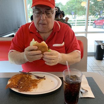 Waffle House - My husband having the Cheeseburger and Hashbrowns - Diners Near Me - Spring, Texas