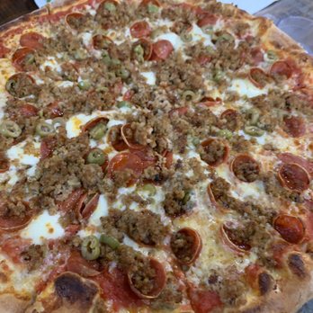 Custom Pie and Bar - Funnel Pizza, sausage, pepperoni and green olives.  Yum! - Pizza Near Me - Moorpark, California