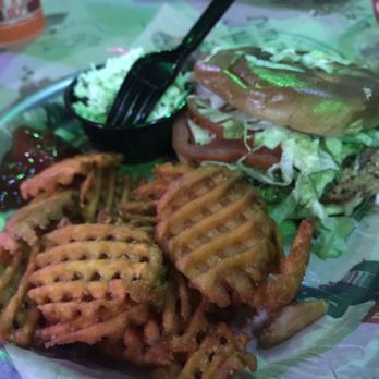 River City Cafe - Mahi burger and sweet potato waffle fries and coleslaw - American Near Me - Myrtle Beach, South Carolina