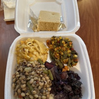 Hungry Vegan - Purple cabbage, black eyed peas, mixed vegetables, and cornbread. - Vegan Near Me - Savannah, Georgia Hungry Vegan - Purple cabbage, black eyed peas, mixed vegetables, and cornbread. - Vegan Near Me - Savannah, Georgia