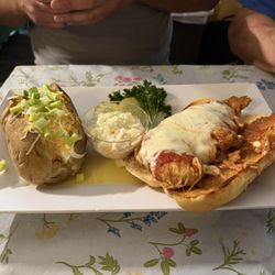 Chicken Parmesan with loaded baked potato