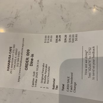 Hanabusa Cafe - Bill for 2 drinks and 2 meals - Pancakes Near Me - Chicago, Illinois Hanabusa Cafe - Bill for 2 drinks and 2 meals - Pancakes Near Me - Chicago, Illinois