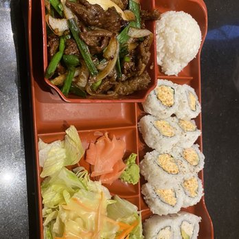 China Bento - Bento box--Mongolian beef, spicy crab roll and California roll. - Chinese Near Me - Chula Vista, California