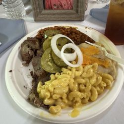 Brisket sausage Mac and cheese, mashed potatoes beans