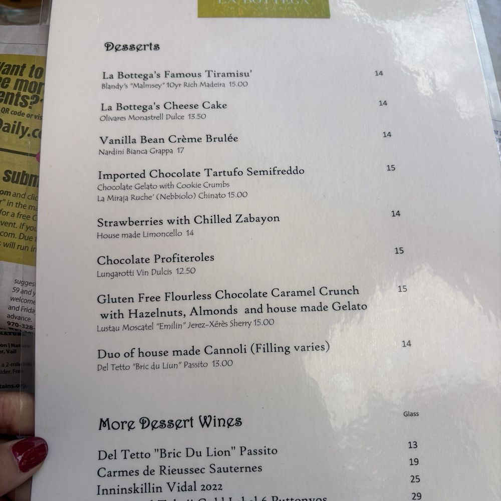 La Bottega - Dessert menu - Italian Near Me - Vail, Colorado