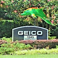 GEICO Corporate Office - This is the GEICO sign and GEICO Dolphin as you enter the GEICO property.  Photo taken July 19, 2018.