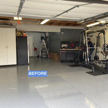 Protex Construction - [BEFORE] The previous owner had attempted to epoxy the garage floors themselves using multiple colors! - General Contractors Near Me