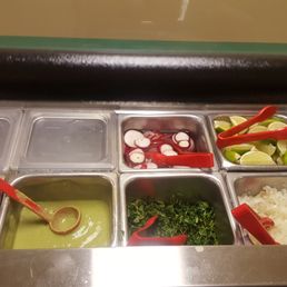 Salsa bar, everything tasted really fresh. The have baggies for you to take things to go.