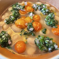 Iacopi Farms - Italian butter beans, salsa verde and roasted Sungold tomatoes