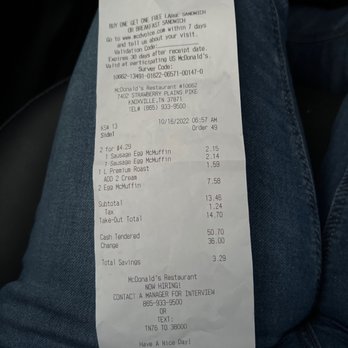 McDonald's - A copy of the receipt - Fast Food Near Me - Knoxville, Tennessee McDonald's - A copy of the receipt - Fast Food Near Me - Knoxville, Tennessee