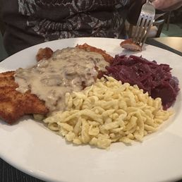 Schnitzel w/ spaetzle & rot kraut. Schnitzel w/ spaetzle & rot kraut.