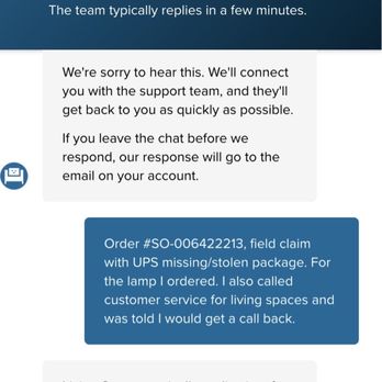 Living Spaces - Pictures of wait time and message showing that they will send a follow up email if you have to close the chat. - Furniture Stores Near Me - La Mirada, California