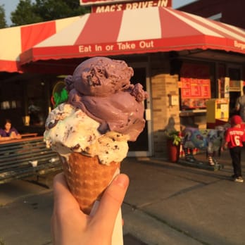 Mac's Drive-In - Wonderful homemade waffle cone with Raspberry Chip yogurt and Garbage Pail ice cream!! - Ice Cream & Frozen Yogurt Near Me - Watervliet, New York