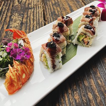 Buddha's Favorite - Surf & Turf Lobster & mayo baked, shiso leaf, garlic butter, masago, avocado in soy paper topped with seared wagyu, eel sauce, black tobiko - Sushi Bars Near Me - Newport Beach, California