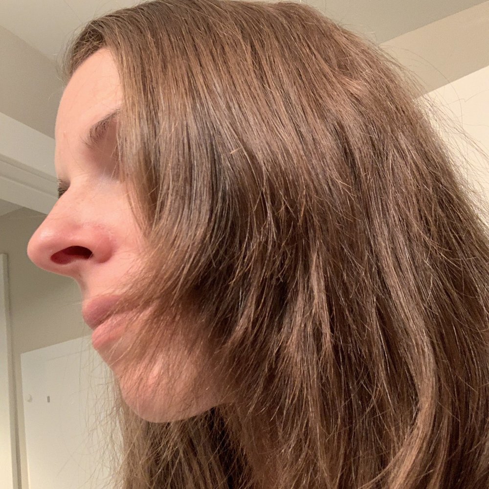 "It needs to be long enough to fit into a low bun." Note the choppy unevenness, and pieces not even making it to the corner of my mouth. "It needs to be long enough to fit into a low bun." Note the choppy unevenness, and pieces not even making it to the corner of my mouth.