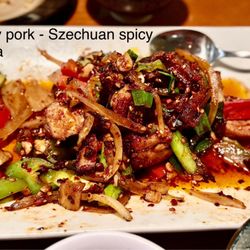 Okura Japanese Cuisine Restaurant - Crispy pork, Szechuan, spicy. I took a picture of it and labeled it. They made it with chicken for me then next time I came.