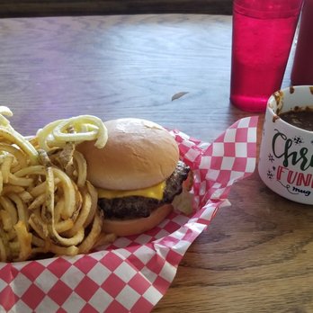 Ty's Hamburgers and Chili - 1/3 lbs hickory cheese, 1/2 order of Q's and cup of chili. All great. - Burgers Near Me - Tulsa, Oklahoma