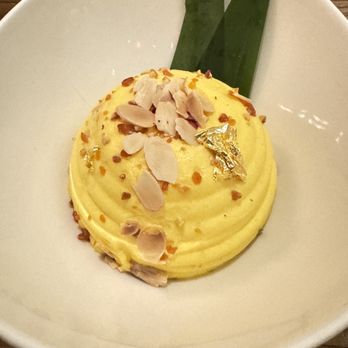 Indian Accent - Makhan Malai, Saffron Milk, Rose Petal Jaggery Brittle, Almonds - Indian Near Me - New York, New York Indian Accent - Makhan Malai, Saffron Milk, Rose Petal Jaggery Brittle, Almonds - Indian Near Me - New York, New York