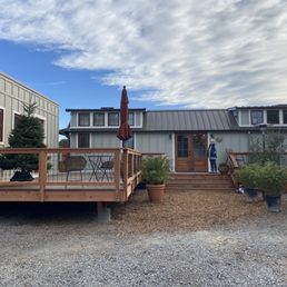 a mobile home and patio